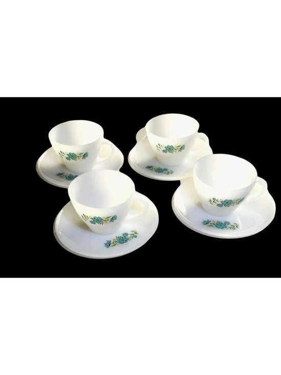 Fire-King Other - Vintage Fire-King Milk Glass Bonniie Blue Carnations Teacup & Saucer Set (4)